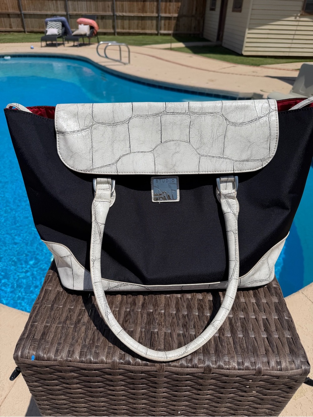 Diane Von Furstenberg Black Tote with White Croc-Embossed Trim
